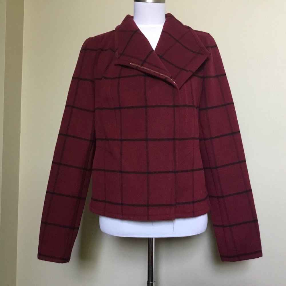TOMMY HILFIGER Burgundy Black plaid moto jacket 12